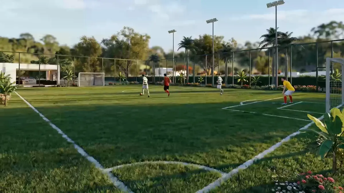 Render do campo de futebol gramado do condomínio, iluminado, com pessoas jogando