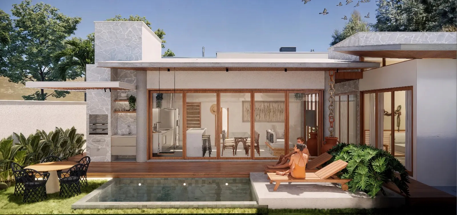 Fachada de fundos de uma casa térrea do condomínio, com churrasqueira, deck de madeira e piscina