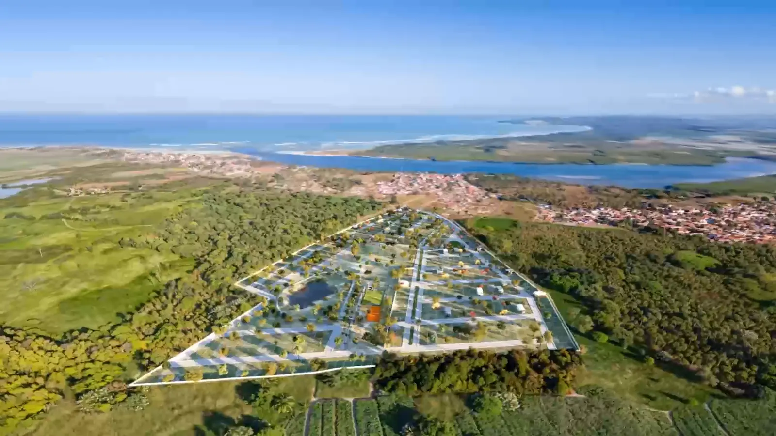 Render aéreo do condomínio implantado sobre o terreno real, com a vila da Barra do
                Cunhaú, o rio e o mar ao fundo