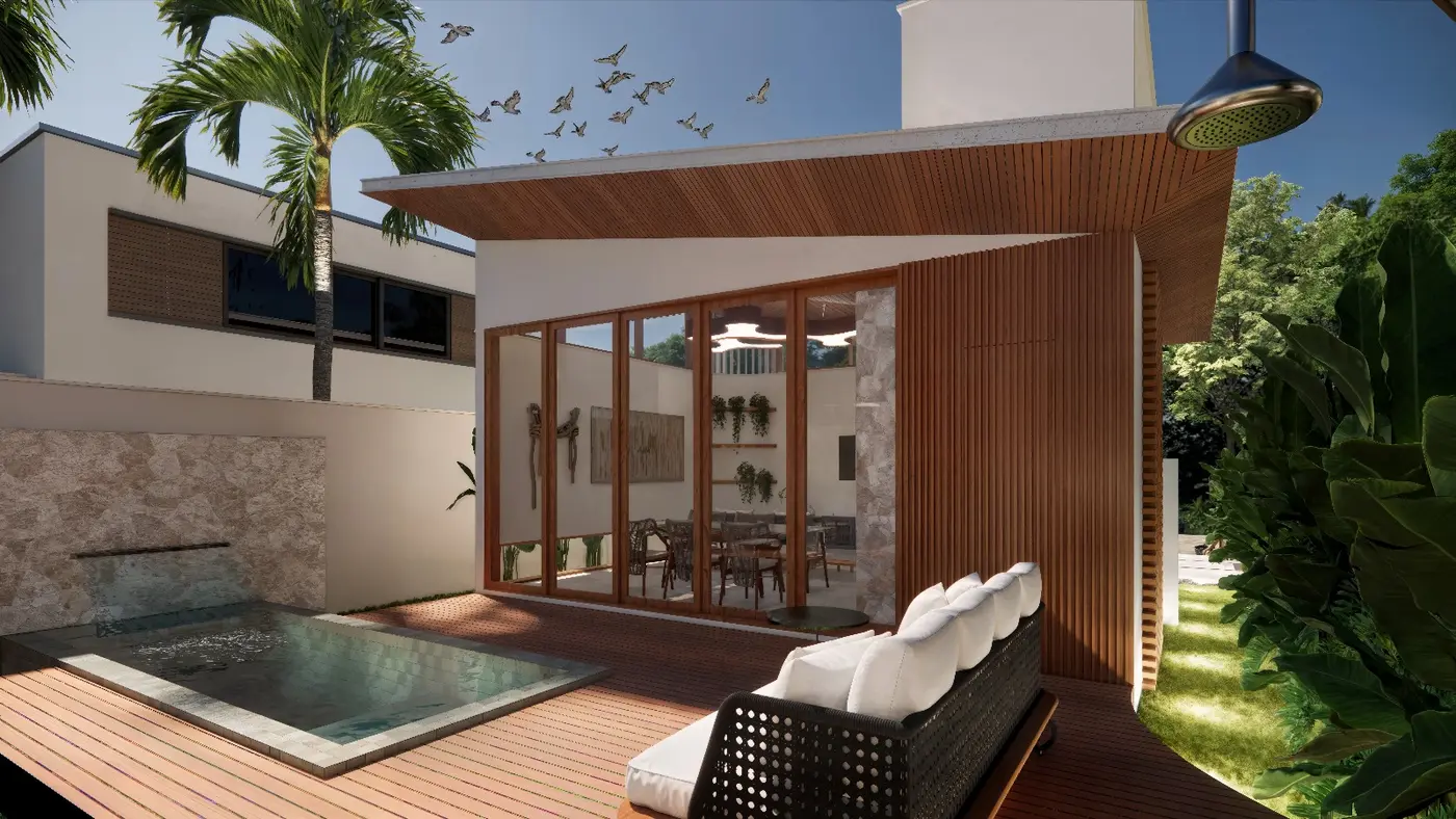 Varanda com brise de madeira, sofá externo, ducha e piscina, com coqueiros ao fundo
