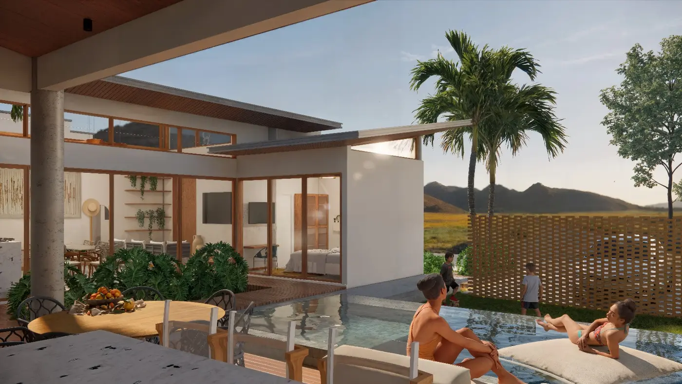 Família na borda da piscina de uma das casas, com vista para o campo e serras ao fundo