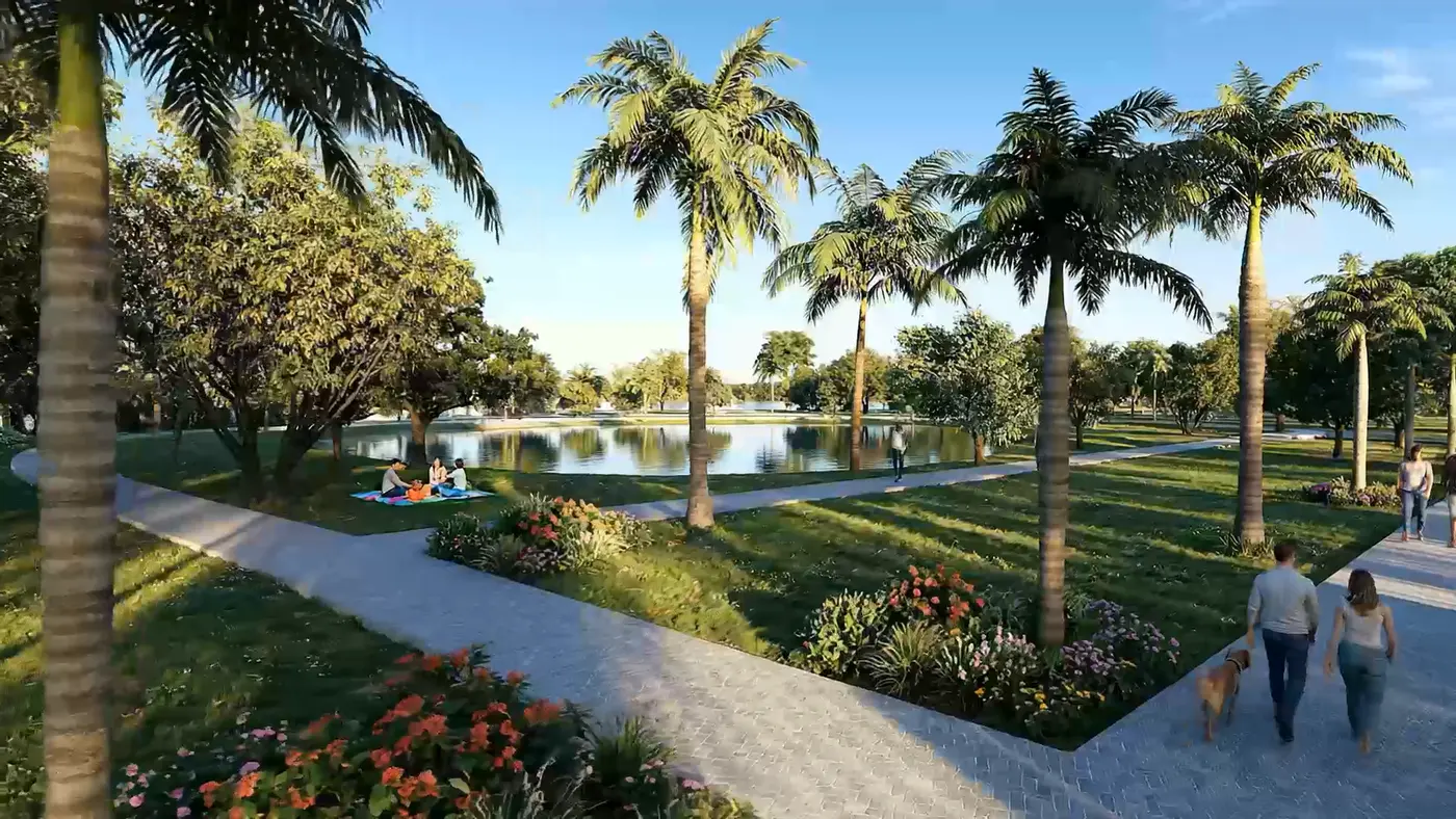 Render do parque do condomínio, com caminho de pedestres, coqueiros e uma lagoa ao fundo