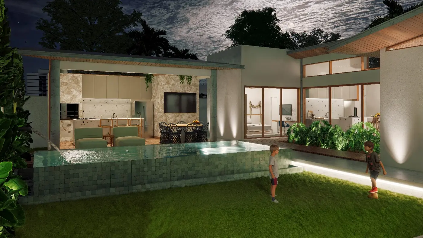 Casa iluminada por dentro ao anoitecer, com a piscina acesa em primeiro plano