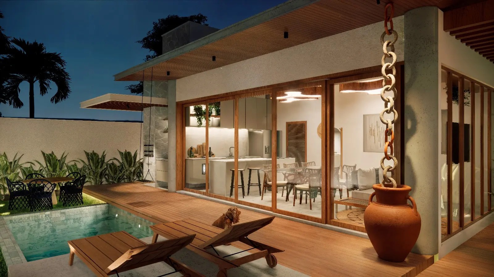Varanda iluminada ao anoitecer, com piscina, espreguiçadeiras de madeira e um vaso de barro — render de uma das casas do condomínio