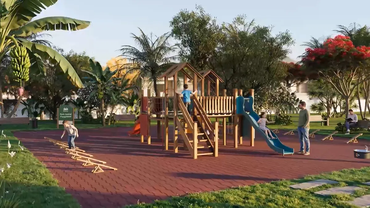 Render do playground do condomínio, com casinha de madeira, escorrega e piso emborrachado