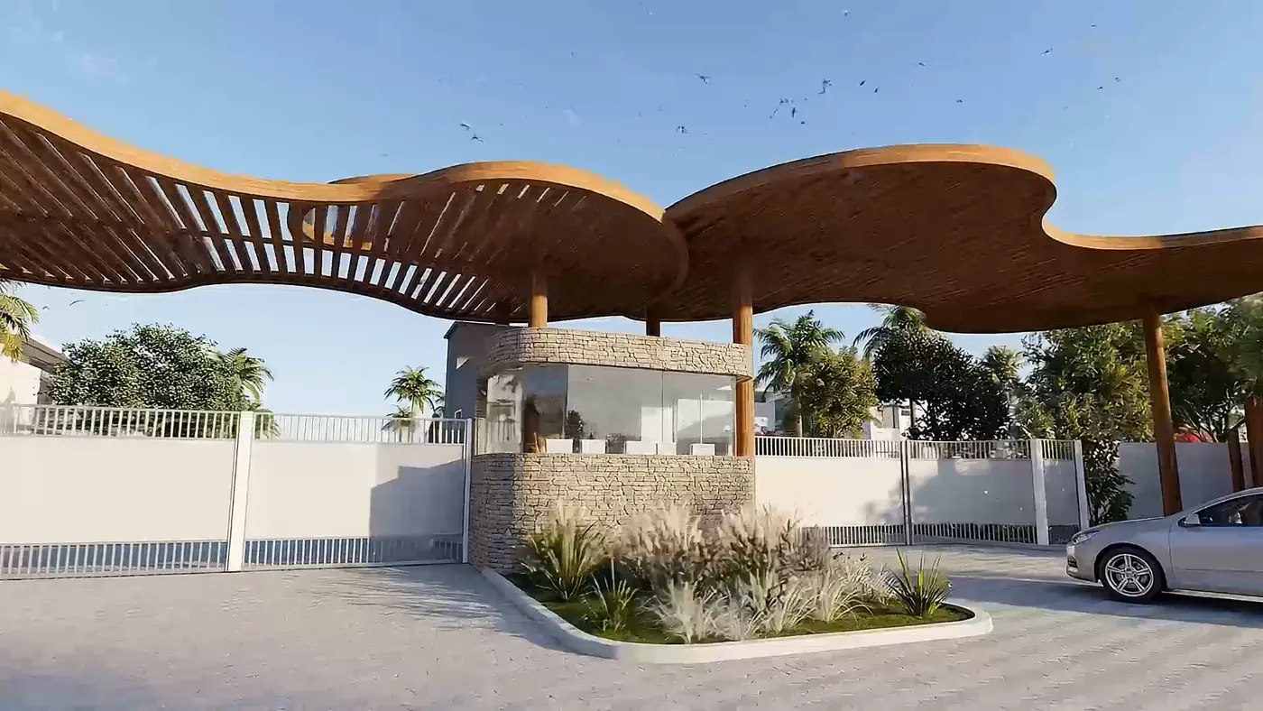 Render do pórtico de entrada do condomínio, com cobertura vazada de madeira curva e guarita