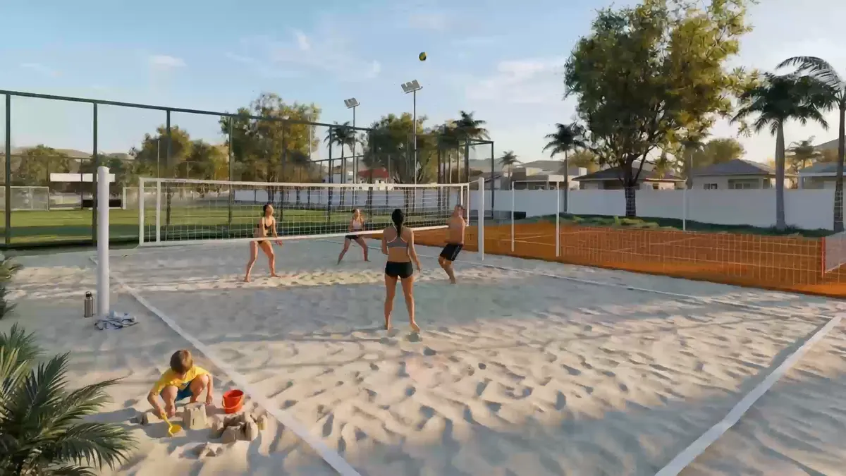 Render da quadra de vôlei de areia do condomínio, com pessoas jogando ao fim da tarde